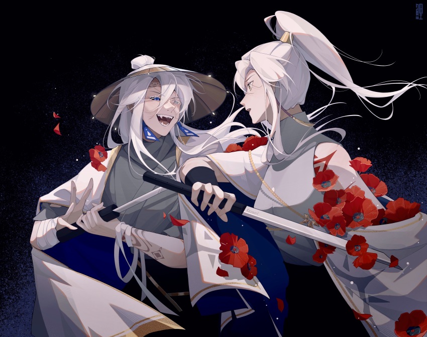 1boy 1girl absurdres bandages bishounen character_request earrings flower grin high_ponytail highres jewelry kujokoii ponytail prophet_of_water red_flower sky:_children_of_the_light smile tassel tassel_earrings