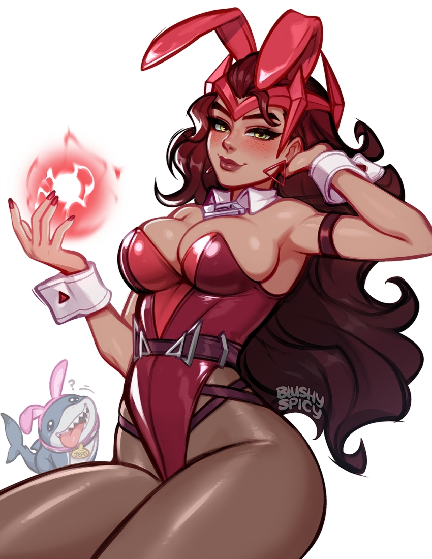 1girl animal_ears animification avengers_(series) blushyspicy breasts brown_hair brown_pantyhose commentary detached_collar english_commentary fake_animal_ears highleg highleg_leotard highres jeff_(marvel) jewelry leotard long_hair looking_at_viewer magic marvel marvel_rivals medium_breasts pantyhose playboy_bunny rabbit_ears scarlet_witch simple_background smile solo strapless strapless_leotard wanda_maximoff wrist_cuffs
