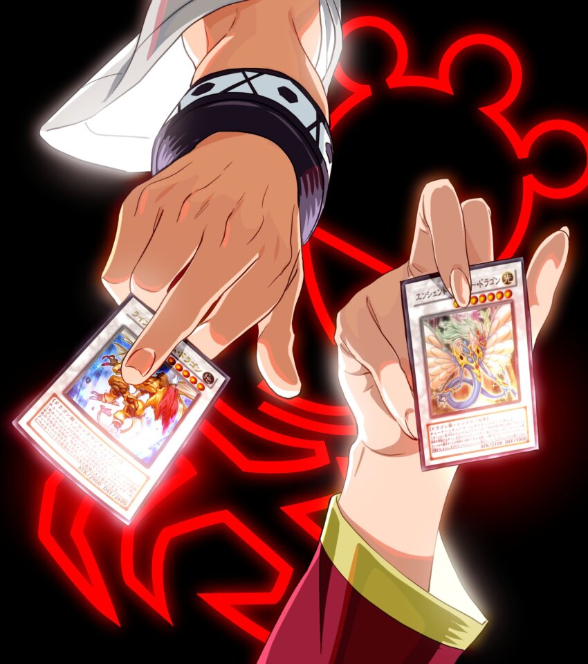 1boy 1girl absurdres ancient_fairy_dragon black_background brother_and_sister card commentary_request hand_focus highres holding holding_card life_stream_dragon lua_(yu-gi-oh!) luca_(yu-gi-oh!) ojing_oppa_(o_b_s_00) red_sleeves siblings trading_card twins white_sleeves yu-gi-oh! yu-gi-oh!_5d&#039;s