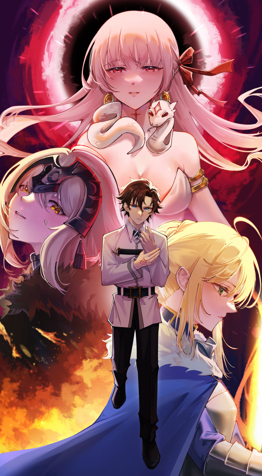 1boy 3girls absurdres armlet armor artoria_pendragon_(fate) artoria_pendragon_(lancer)_(fate) belt black_cloak black_pants black_sun blonde_hair blue_cloak blue_eyes breasts brown_hair cape chaldea_uniform cleavage cloak collared_shirt command_spell durga_(fate) durga_(first_ascension)_(fate) fate/grand_order fate_(series) fire forehead_protector fujimaru_ritsuka_(male) full_body fur-trimmed_cape fur_trim highres holding_own_wrist jeanne_d&#039;arc_alter_(avenger)_(fate) jeanne_d&#039;arc_alter_(fate) jewelry medium_breasts multiple_girls pants red_eyes red_ribbon rhongomyniad_(fate) ribbon shirt snake sun user_kpus7424 walking white_hair white_snake yellow_eyes