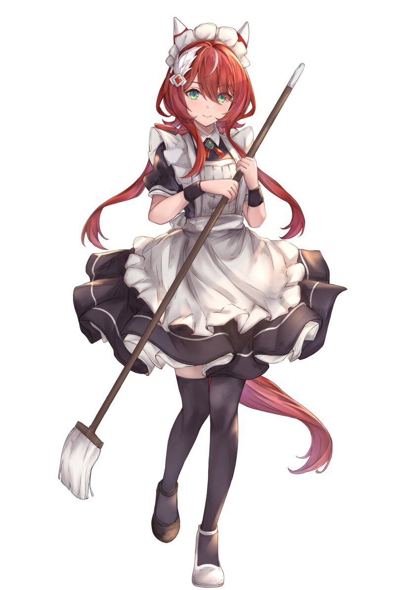 1girl alternate_costume animal_ears closed_mouth commentary_request enmaided full_body green_eyes hair_ornament highres horse_ears horse_girl horse_tail low_twintails maid maid_headdress mop peperoncino-sama red_hair ribbon smile solo standing standing_on_one_leg tail thighhighs twintails umamusume win_variation_(umamusume)