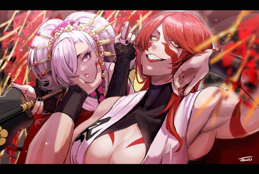 1boy 1girl artist_name bench biceps black_nails body_markings breasts cleavage detached_sleeves dougi eyelashes facial_mark fuuma_kotarou_(tenkaichi) grey_hair twirling_hair halterneck hand_on_another&#039;s_face hand_on_own_face headpiece highres japanese_clothes letterboxed lips lipstick looking_at_viewer makeup mori_ranmaru_(tenkaichi) muscular muscular_female nail_polish pink_eyes pink_hair red_hair signature smile smirk sunsirou teeth tenkaichi_nihon_saikyou_bugeisha_ketteisen trap underboob war_fan wristband yellow_eyes