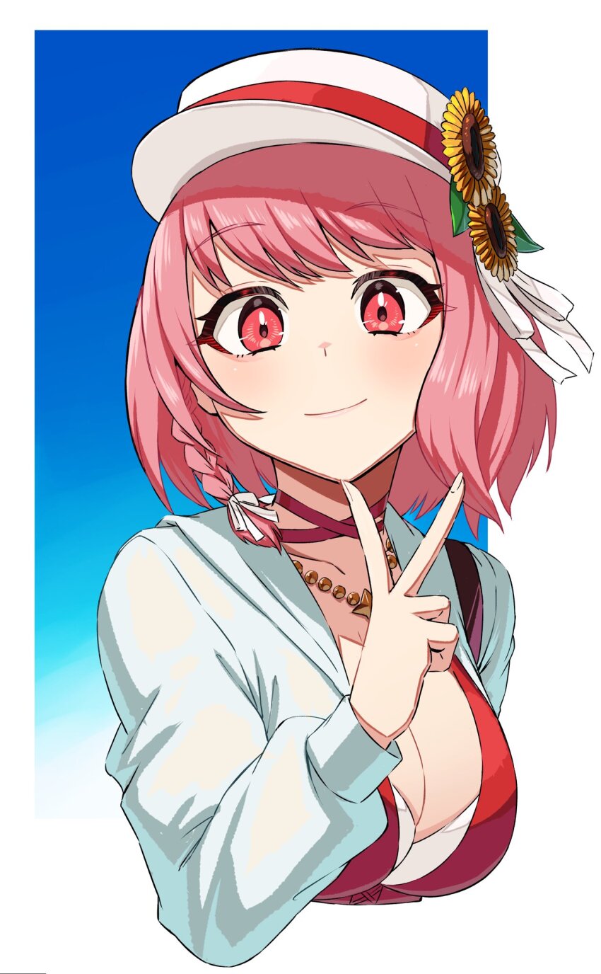 1girl aduti_momoyama bikini blush breasts cleavage closed_mouth fire_emblem fire_emblem_engage fire_emblem_heroes flower hat highres jacket jewelry lapis_(fire_emblem) lapis_(forager_of_the_sea)_(fire_emblem) medium_breasts multicolored_bikini necklace nintendo official_alternate_costume pink_eyes pink_hair red_bikini see-through_clothes see-through_jacket short_hair smile solo sunflower swimsuit two-tone_hat upper_body v white_hat white_jacket