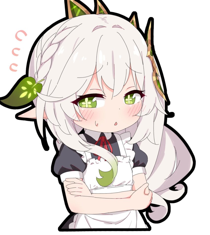 1girl alternate_costume apron azbchan1221 black_dress blush commentary cropped_torso crossed_arms dress genshin_impact gradient_hair green_eyes hair_between_eyes hair_ornament highres leaf_hair_ornament long_hair looking_at_viewer multicolored_hair nahida_(genshin_impact) pointy_ears puffy_short_sleeves puffy_sleeves short_sleeves side_ponytail simple_background small_sweatdrop solo symbol-shaped_pupils white_apron white_background white_hair