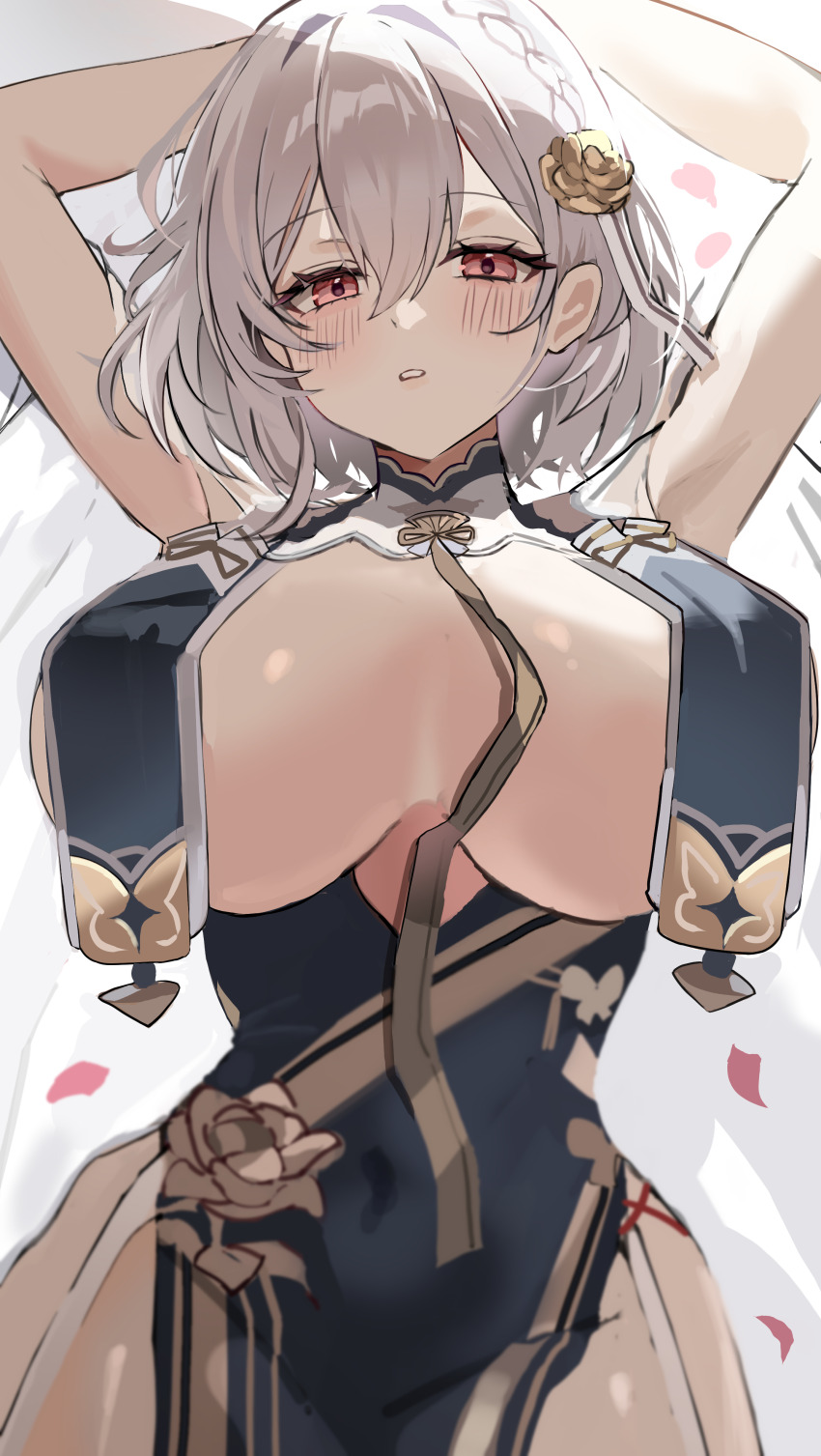 1girl absurdres arms_up azur_lane breast_curtains breasts commentary covered_navel cowboy_shot grey_hair hailiu highres large_breasts long_hair lying official_alternate_costume on_back parted_lips pink_eyes sirius_(azur_lane) sirius_(azure_horizons)_(azur_lane) solo