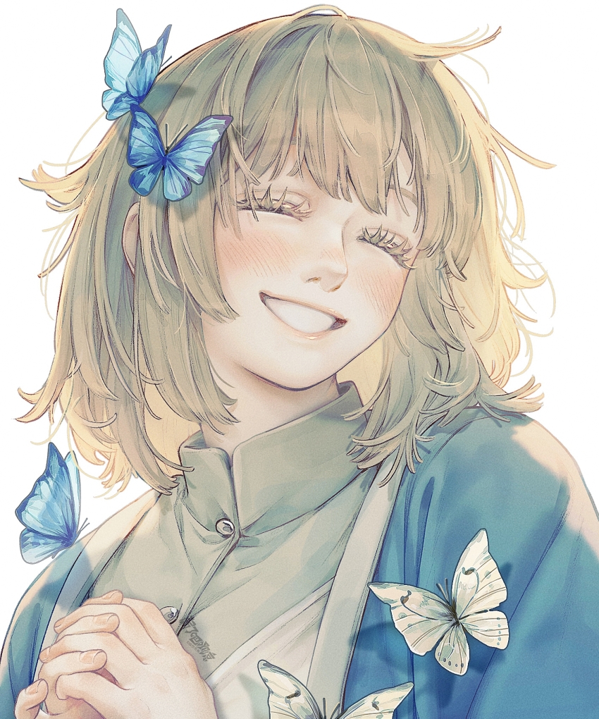 1girl ^_^ blue_butterfly blue_coat blunt_bangs blush bug butterfly closed_eyes coat commentary_request dungeon_meshi falin_touden highres insect medium_hair messy_hair own_hands_together ruoliang shirt signature smile thick_eyelashes upper_body white_background white_butterfly white_shirt