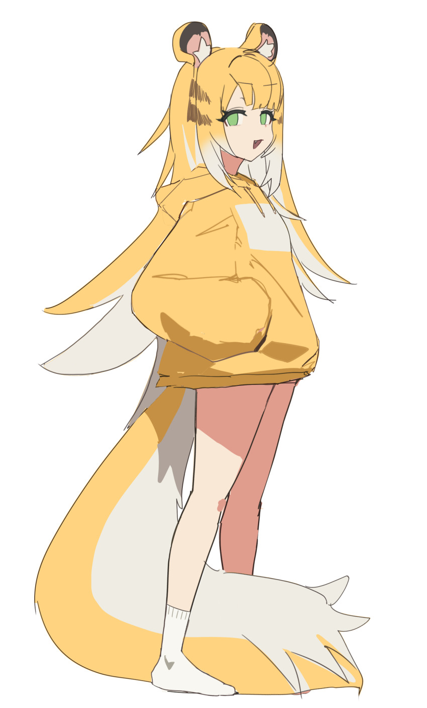 1girl absurdres alternate_costume animal_ears full_body green_eyes gya_rb hands_in_pockets highres ju_fufu long_hair looking_at_viewer simple_background solo standing tail thighs tiger_ears tiger_girl tiger_tail very_long_hair white_background zenless_zone_zero