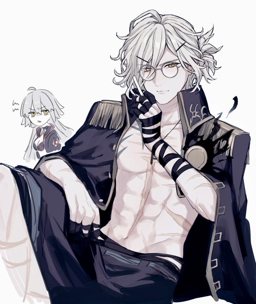 1boy 1girl abs annoyed between_fingers bikini black_bikini black_jacket breasts cigarette cleavage edmond_dantes_(fate) edmond_dantes_(monte_cristo_selection)_(fate) epaulettes fate/grand_order fate_(series) glasses grey_hair hair_ornament hairclip highres holding jacket jacket_on_shoulders jeanne_d&#039;arc_alter_(fate) jeanne_d&#039;arc_alter_(swimsuit_berserker)_(fate) jewelry light_smile looking_at_viewer male_focus necklace no_headwear official_alternate_costume pectorals scar scar_on_chest simple_background solo_focus sumi_(gfgf_045) swimsuit white_background yellow_eyes