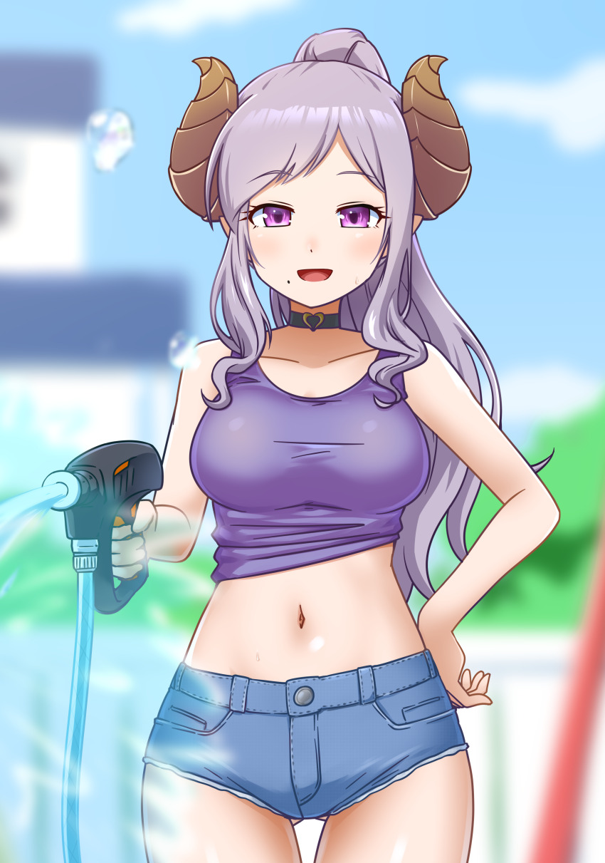 1girl :d absurdres alternate_costume bare_arms bare_shoulders blue_shorts blurry blurry_background breasts brown_horns choker collarbone commentary_request cowboy_shot day demon_horns denim denim_shorts gluteal_fold goriate grey_choker hand_on_own_hip heart heart_choker highres holding holding_hose honey_strap horns hose hose_nozzle light_blush long_hair long_sidelocks looking_at_viewer medium_breasts micro_shorts midriff mole mole_under_mouth nanashi_inc. navel no_tail open_mouth outdoors pointy_ears ponytail purple_eyes purple_hair purple_tank_top saionji_mary shorts sidelocks smile solo splashing spraying straight-on sweatdrop tank_top very_long_hair virtual_youtuber