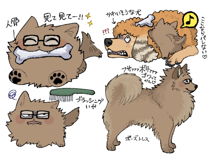 animal animalization black_eyes bone commentary_request dog glasses hair_brush highres no_humans pomeranian_(dog) poodle randal&#039;s_friends randal_ivory riokku_heya sebastian_de_tomato_smith_chicken_legs simple_background tail tail_wagging translation_request white_background