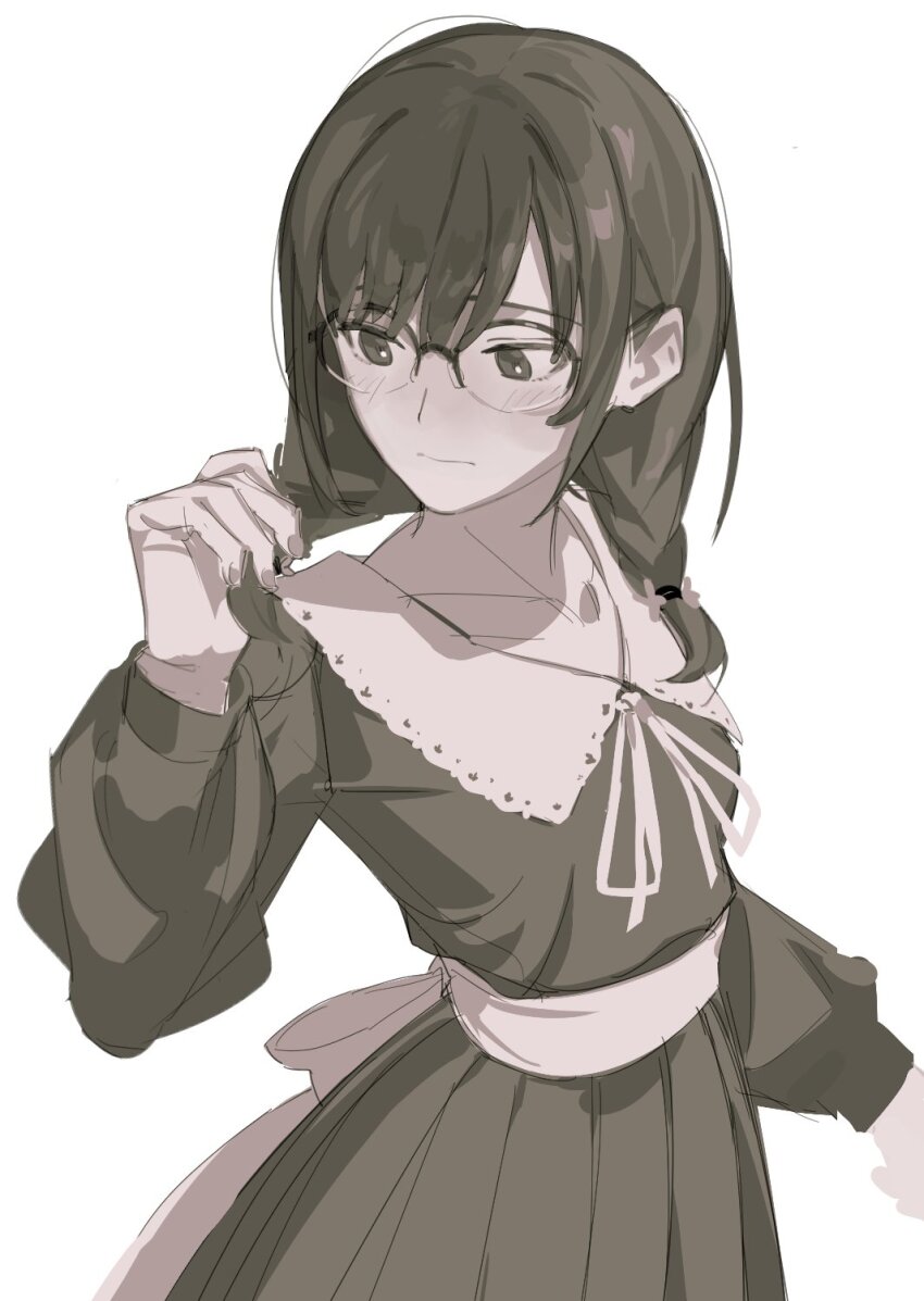 1girl 3: back_bow blush bow braid flowers_(innocent_grey) glasses hanabishi_rikka highres long_sleeves looking_to_the_side playing_with_own_hair ribbon school_uniform shishima_eichi simple_background solo twin_braids white_background white_bow white_ribbon