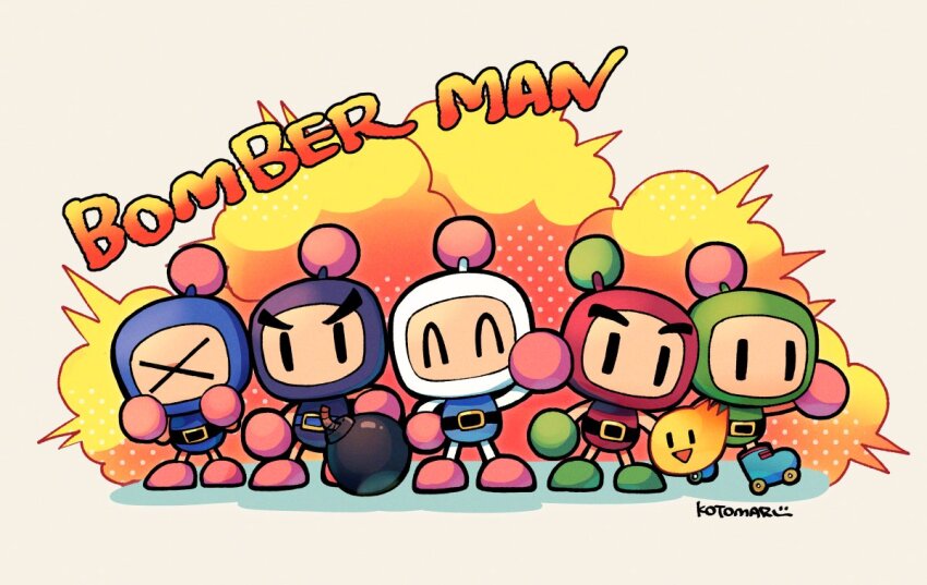 5boys ^_^ belt black_belt black_bomberman blue_bomberman bomb bomberman character_request closed_eyes copyright_name explosive fire full_body kotorai multiple_boys no_mouth no_nose roller_skates signature skates standing thick_eyebrows white_bomberman x