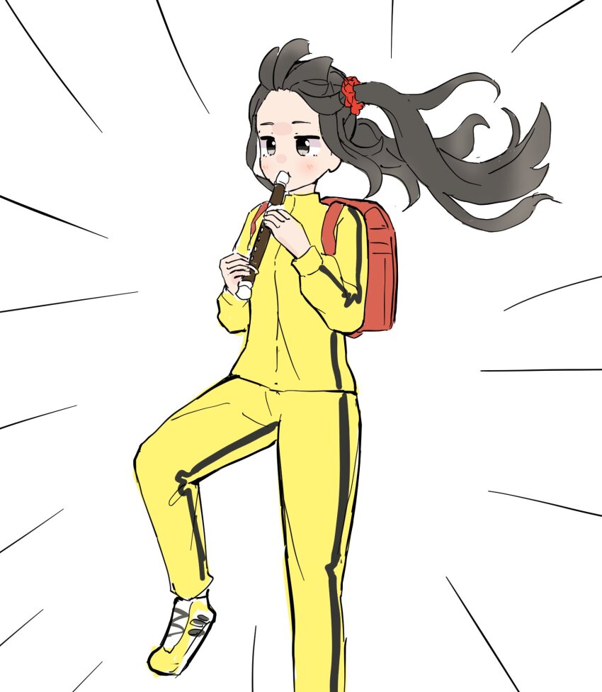 1girl animification backpack bag bangs_pinned_back black_hair emphasis_lines floating_hair flute foot_out_of_frame hair_ornament hair_scrunchie hashtag-only_commentary highres instrument jacket jitome kan_kanna kyoufuu_all_back_(vocaloid) leg_up long_hair long_sleeves marching music pants playing_instrument randoseru real_life recorder red_bag red_scrunchie scrunchie shoes sidelocks simple_background sneakers solo tazaki_masanobu track_jacket track_pants track_suit twintails voice_actor white_background wind yellow_jacket yellow_pants yellow_shoes yellow_track_suit