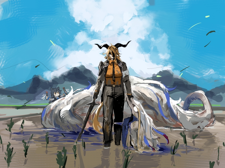2girls animal_ears arknights black_hair black_jacket black_necktie black_pants blonde_hair blue_sky breasts closed_mouth cloud corpse cumulonimbus_cloud day degenbrecher_(arknights) dirty dirty_clothes face_in_shadow goat_ears highres holding holding_detached_head holding_sword holding_weapon horns jacket large_breasts long_hair looking_at_viewer monster mountainous_horizon mud multiple_girls mutomorokoshi necktie open_clothes open_jacket orange_shirt outdoors pants rice_paddy serious severed_head shirt sky slumbering_of_sui solo_focus standing sword tail texas_(arknights) texas_the_omertosa_(arknights) wading weapon wide_shot wolf_ears wolf_girl