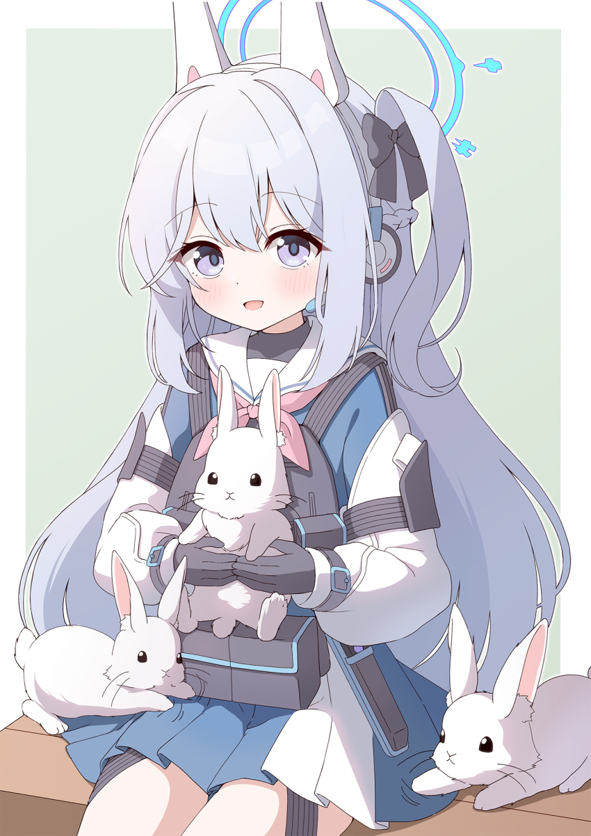 1girl :d animal animal_ears azel_(laevateinn495) black_bow black_gloves blue_archive blue_halo blue_serafuku blue_shirt blue_skirt blush border bow braid commentary_request cowboy_shot fake_animal_ears gloves green_background hair_between_eyes hair_bow half_up_braid halo happy highres holding holding_animal holding_rabbit long_hair long_sleeves looking_at_viewer miniskirt miyako_(blue_archive) one_side_up open_mouth outside_border pleated_skirt puffy_long_sleeves puffy_sleeves purple_eyes pyonko_(blue_archive) rabbit rabbit_ears sailor_collar school_uniform serafuku shirt sidelighting sidelocks simple_background sitting skirt smile solo very_long_hair white_border white_hair white_rabbit_(animal) white_sailor_collar