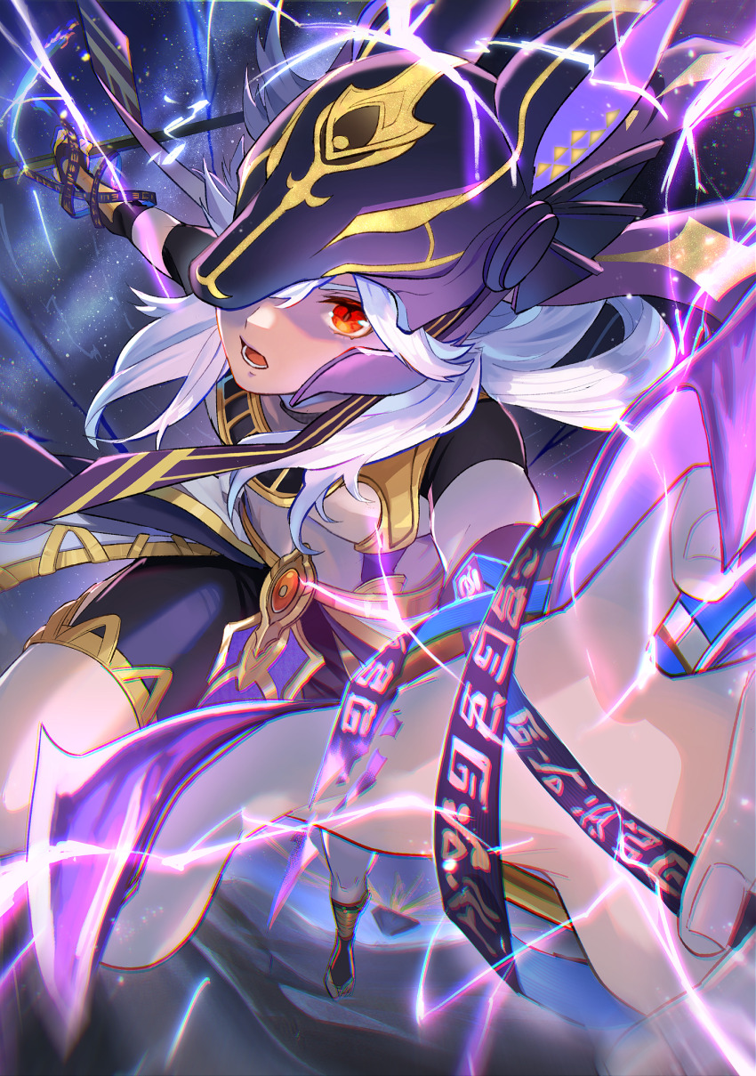 1boy animal_ears animal_ears_helmet animal_helmet black_choker black_shorts bridal_legwear choker commentary_request crop_top cyno_(genshin_impact) dark-skinned_male dark_skin desert electricity electrokinesis energy_claws fake_animal_ears genshin_impact gold_belt gold_trim grey_hair hair_over_one_eye highres jackal_ears jewelry lappet male_focus medium_hair night night_sky open_mouth orange_eyes pouncing red_eyes shorts sky solo toe_ring usekh_collar waist_cape xxchicoxxf