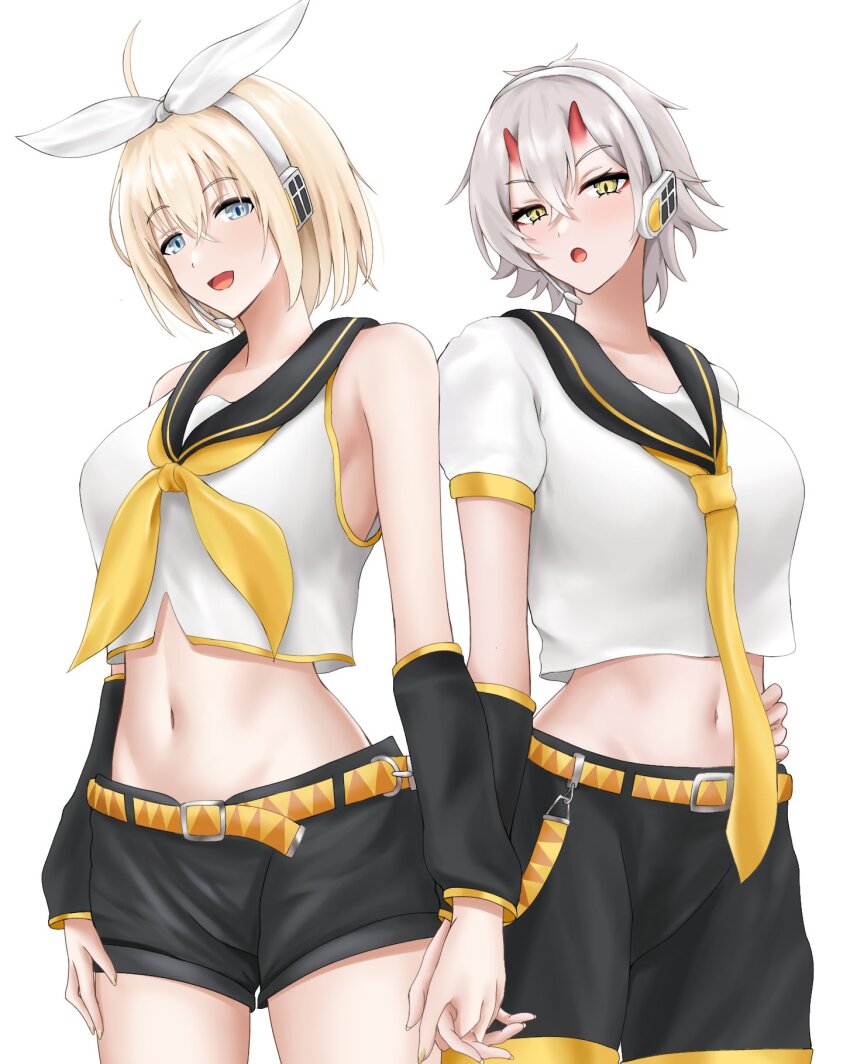 2girls :d :o azur_lane banba_(jakqbigone) bare_shoulders bataan_(azur_lane) belt black_shorts blonde_hair blue_eyes breasts cosplay cowboy_shot crop_top grey_hair hair_ribbon headphones highres holding_hands horns kagamine_len kagamine_len_(cosplay) kagamine_rin kagamine_rin_(cosplay) kinu_(azur_lane) large_breasts looking_at_viewer multiple_girls neckerchief open_mouth puffy_short_sleeves puffy_sleeves ribbon shirt short_hair short_shorts short_sleeves shorts simple_background sleeveless sleeveless_shirt smile standing thighs vocaloid white_background white_ribbon white_shirt yellow_belt yellow_eyes yellow_neckerchief