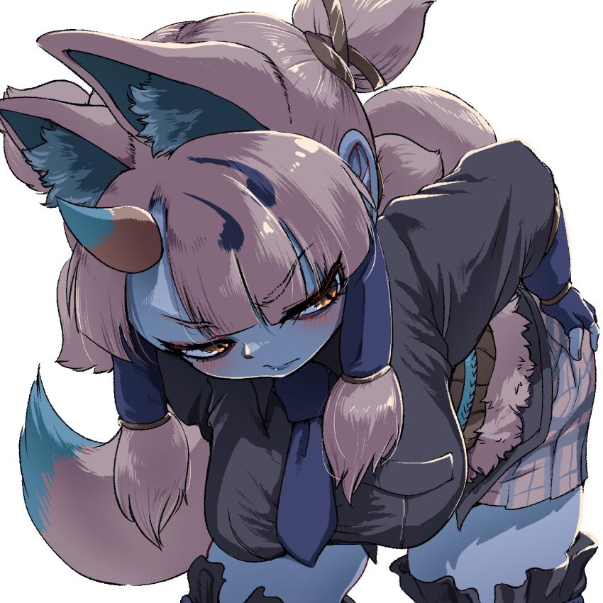 1girl animal_ears belt bent_over black_shirt black_thighhighs blue_necktie blue_skin blunt_bangs blush brown_belt collared_shirt colored_skin extra_ears fox_ears fox_girl fox_tail fur_trim ginkaku_(kemono_friends) grey_skirt hair_tubes highres horns kemono_friends long_sleeves mcgunngu necktie plaid_clothes plaid_skirt pleated_skirt puffy_sleeves quad_tails shirt short_twintails sidelocks single_horn skirt solo t-shirt tail thighhighs twintails white_fur white_hair yellow_eyes zettai_ryouiki