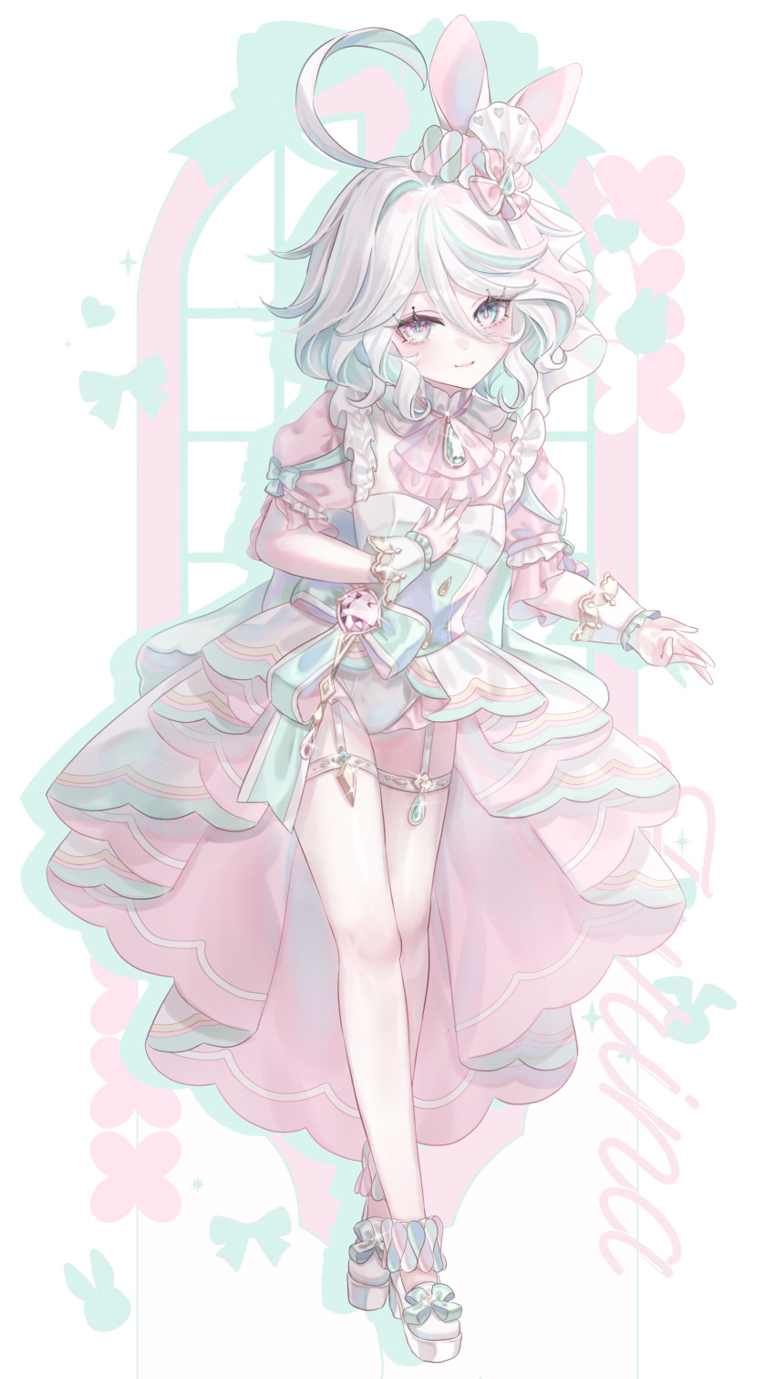 1girl absurdres ahoge alternate_costume animal_ears anninufufu aqua_hair ascot blue_eyes blue_gemstone blue_pupils character_name commentary dress full_body furina_(genshin_impact) gem genshin_impact hair_between_eyes heterochromia highres looking_at_viewer medium_hair multicolored_hair pink_ascot pink_dress pink_pupils puffy_short_sleeves puffy_sleeves rabbit_ears shoes short_sleeves smile solo standing streaked_hair symbol-only_commentary symbol-shaped_pupils teardrop-shaped_gem thigh_strap white_hair white_shoes white_wrist_cuffs wrist_cuffs