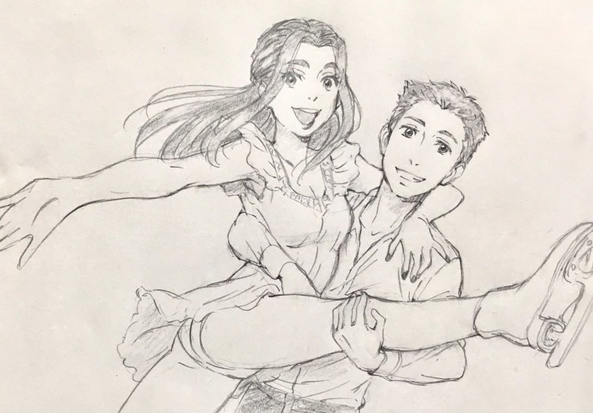 1boy 1girl arm_around_neck brother_and_sister dress graphite_(medium) grin highres ice_skates itou_noriko leg_lift michele_crispino monochrome official_art open_mouth outstretched_arm sara_crispino siblings skates smile traditional_media twins yuri!!!_on_ice