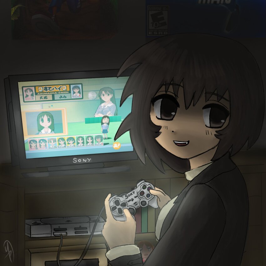 absurdres azumanga_daioh&#039;s_school_uniform azumanga_daiou azumanga_donjara_daioh breasts brown_eyes brown_hair controller crash_bandicoot_(series) dark-skinned_female dark_skin dualshock game_console game_controller game_poster gamepad highres holding holding_controller holding_game_controller jacket kagura_(azumanga_daioh) kasuga_ayumu kurosawa_minamo looking_at_viewer mihama_chiyo mr_pitusas open_mouth pepsiman_(game) playing_games playstation_1 playstation_controller poster_(object) sakaki_(azumanga_daioh) school_uniform smile sony takino_tomo tanizaki_yukari turtleneck