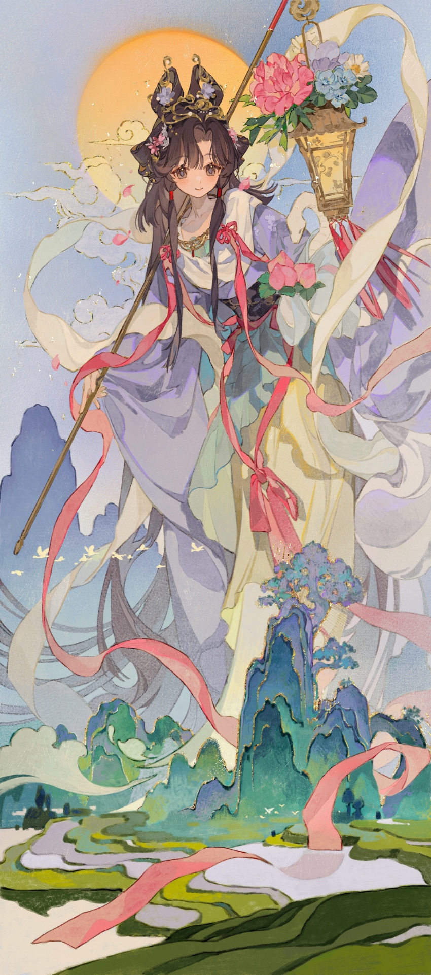 1girl absurdres black_eyes black_hair blue_sky cerron_531 chinese_clothes cloud feet_out_of_frame feixianji_(hairstyle) flower food fruit giant giantess hagoromo hair_flower hair_ornament hair_rings halo halo_behind_head hanfu highres holding holding_food holding_fruit holding_lantern jiu_niangzi jiu_niangzi_(blossom_spring_fairy) lantern long_hair long_skirt looking_at_viewer mountain official_alternate_costume parted_bangs peach purple_hanfu reverse:1999 shawl simple_bird skirt sky smile snake solo standing terrace very_long_hair white_shawl yellow_skirt