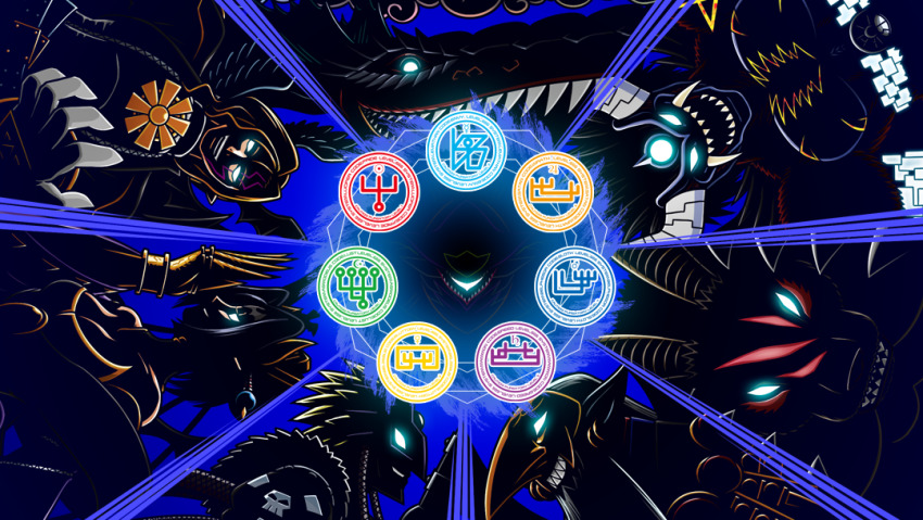 angel_wings artist_request bandai barbamon beelzebumon belphemon belphemon_rage_mode circle_formation demon demon_(digimon) demon_girl digimon digimon_(creature) glowing glowing_eyes grin horns jupiter_symbol leviamon lilithmon lucemon_falldown_mode mars_symbol mercury_symbol muscular official_art ogudomon saturn_symbol seven_deadly_sins seven_great_demon_lords sigil smile sun_symbol tagme venus_symbol wings