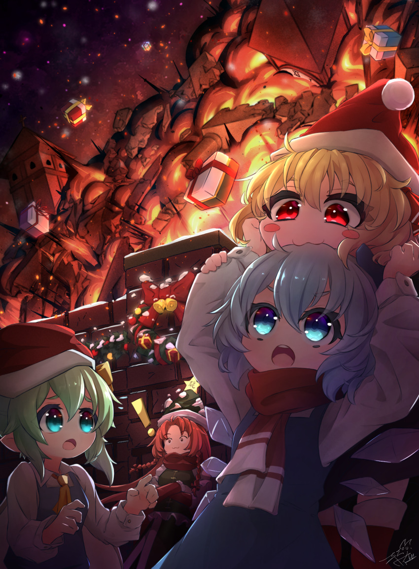 ! 4girls absurdres adapted_costume against_wall aqua_eyes ascot bell biting_another&#039;s_hair blonde_hair blue_dress blue_eyes blue_hair blush_stickers bow box braid breasts brick_wall christmas_wreath cirno closed_mouth collared_shirt daiyousei detached_wings dress explosion explosion_gag fairy_wings gift gift_box green_hair green_skirt green_vest hair_between_eyes hat highres hong_meiling jingle_bell large_bow long_sleeves looking_at_another medium_hair messy_hair mr.turtle_head multiple_girls night night_sky open_mouth outdoors pinafore_dress pointy_ears red_bow red_eyes red_hair red_hat red_ribbon red_scarf ribbon rumia santa_hat scarf scarlet_devil_mansion shirt signature skirt sky sleeveless sleeveless_dress small_breasts teeth touhou twin_braids upper_body upper_teeth_only v-shaped_eyebrows vest white_shirt wings winter_clothes wreath yellow_ascot yellow_ribbon