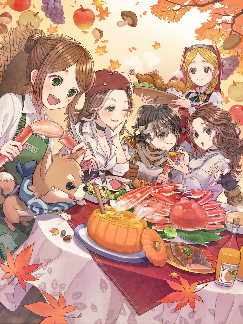 1boy 4girls ada_mesmer anne_lester apple black_choker blouse braid button_eyes buttons chicken_(food) choker crab demi_bourbon emil_(identity_v) emma_woods food fruit grapes happy hat highres holding holding_spoon identity_v identityvjp juice leaf leaf_print maple_leaf meal mole mole_under_eye multiple_girls mushroom orange_juice outdoors overalls party pinecone pumpkin shiba_inu_(identity_v) shirt smile spoon stitches torn_clothes tray twin_braids white_shirt