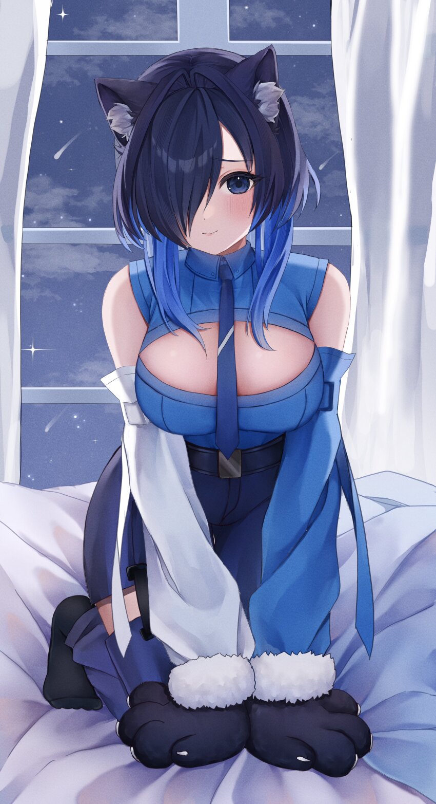 1girl absurdres all_fours alternate_hairstyle animal_ears animal_hands asymmetrical_bangs asymmetrical_sleeves bare_shoulders black_hair black_pants blue_eyes blue_hair blue_necktie blue_sleeves blush breasts breasts_squeezed_together cat_ears cleavage_cutout clothing_cutout collared_shirt colored_inner_hair colored_tips commentary curtains detached_pants detached_sleeves embarrassed gloves hair_intakes hair_over_one_eye highres hololive hololive_english kemonomimi_mode kneeling large_breasts long_hair looking_at_viewer meteor_shower mismatched_sleeves multicolored_hair necktie nervous_smile night night_sky no_shoes official_alternate_costume on_bed ouro_kronii ouro_kronii_(4th_costume) pants paw_gloves raised_inner_eyebrows shirt shooting_star sidelocks sky sleeveless sleeveless_shirt smile solo sui1k0 v_arms virtual_youtuber white_sleeves window wolf_cut