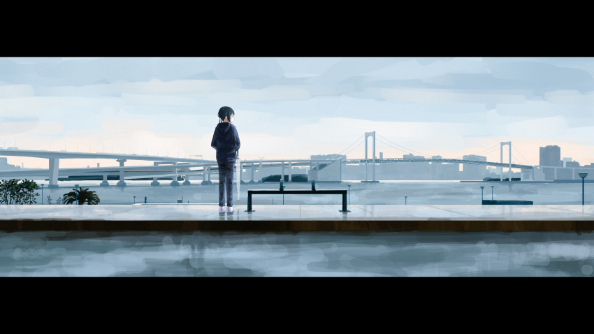 1girl absurdres bench black_hair black_jacket blue_pants bridge building city cityscape cloud cloudy_sky denim from_behind full_body highres jacket jeans lamppost letterboxed long_sleeves looking_to_the_side original outdoors overpass pants plant rudeko32 scenery shoes short_hair sidewalk sky sneakers standing suspension_bridge tokyo_(city) white_footwear wide_shot