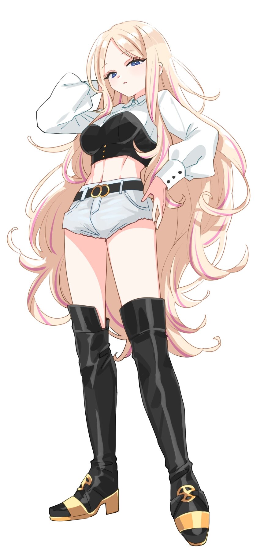 1girl abs absurdres alternate_hair_length alternate_hairstyle arm_behind_head belt black_belt black_boots blonde_hair blush boots bra_over_clothes breasts cropped_jacket from_below full_body gakuen_idolmaster high_heels highres idolmaster jacket juo_sena knee_boots long_hair long_sleeves looking_at_viewer looking_down medium_breasts midriff multicolored_hair multicolored_jacket navel parted_lips pink_hair shirt shorts simple_background solo standing streaked_hair sukoyaka_(100hituzi) two-tone_hair two-tone_jacket very_long_hair white_background white_jacket white_shirt white_shorts