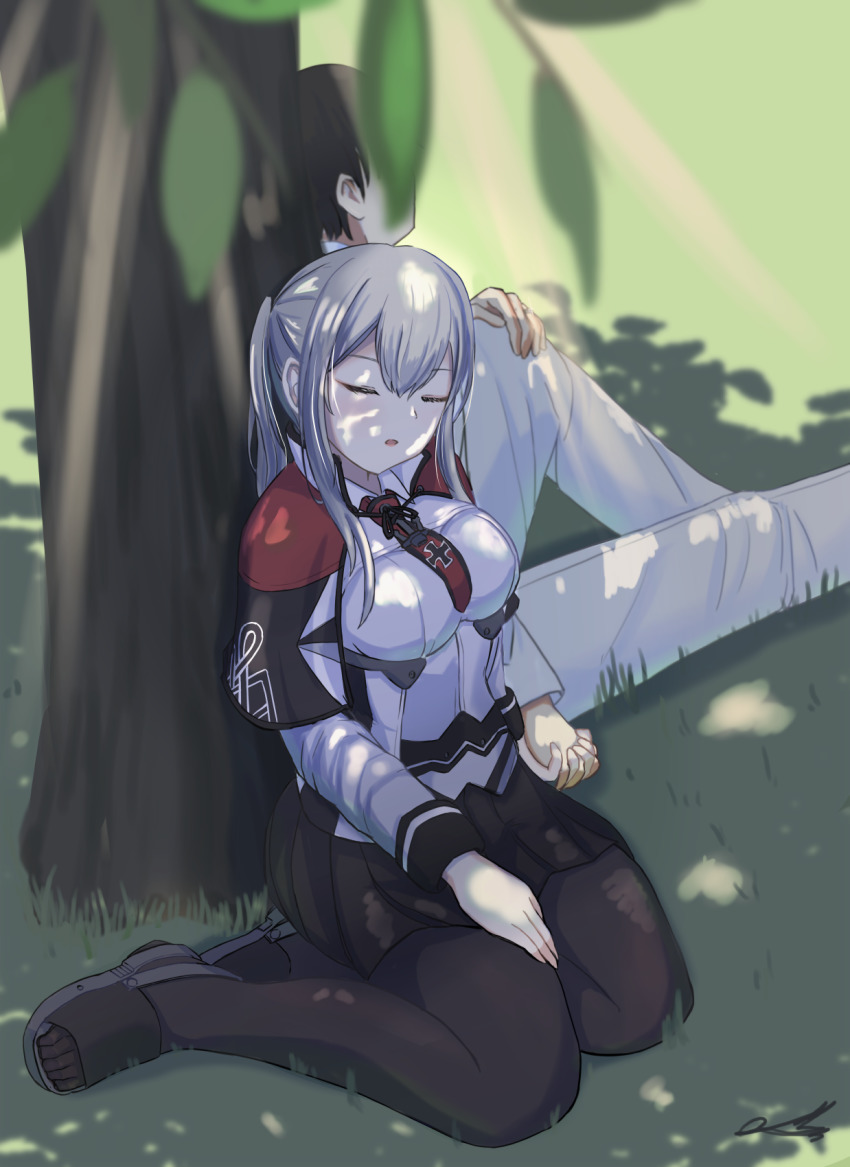 1boy 1girl admiral_(kancolle) black_pantyhose black_skirt blonde_hair breasts capelet closed_eyes dress_shirt graf_zeppelin_(kancolle) grey_eyes hair_between_eyes highres kantai_collection large_breasts long_hair military military_uniform naval_uniform necktie pantyhose pleated_skirt red_necktie sandals shade shirt sidelocks signature skirt sleeping solo_focus tanasiso twintails