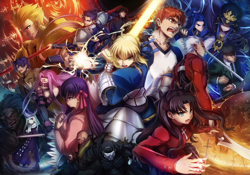 6+boys 6+girls ahoge archer_(fate) armor artoria_pendragon_(fate) blindfold blonde_hair blue_eyes blue_hair brown_eyes brown_hair cu_chulainn_(fate) cu_chulainn_(fate/stay_night) dark-skinned_male dark_skin dress dual_wielding elbow_gloves emiya_shirou everyone excalibur_(fate/stay_night) fate/stay_night fate/zero fate_(series) gae_bolg_(fate) gate_of_babylon_(fate) gem gilgamesh_(fate) gloves green_eyes hair_ribbon hat heracles_(fate) highres holding illyasviel_von_einzbern kotomine_kirei kuzuki_souichirou long_hair matou_sakura matou_shinji matou_zouken medea_(caster)_(fate) medea_(fate) medusa_(fate) medusa_(rider)_(fate) multiple_boys multiple_girls muscular open_mouth polearm priest purple_eyes purple_hair red_eyes ribbon saber_(fate) sasaki_kojirou_(fate) short_hair spear sword todee tohsaka_rin twintails unlimited_blade_works_(reality_marble) weapon white_hair