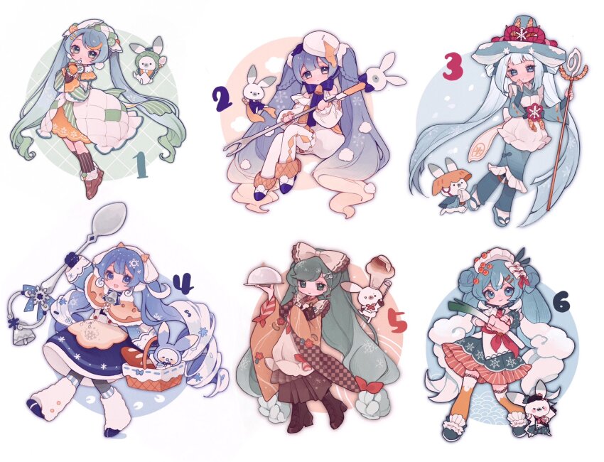 6+girls aiming aiming_at_viewer animal ankle_cuffs apron aqua_kimono argyle_clothes argyle_pantyhose argyle_sleeves arm_up baguette basket bell black_socks blue_bow blue_bowtie blue_capelet blue_eyes blue_hair blue_hood blue_mittens blue_skirt blunt_bangs boots borrowed_design bow bowtie braid bread brown_footwear brown_kimono butter capelet checkered_clothes checkered_kimono cheese cheese_wheel chef_hat closed_mouth commentary dot_mouth double_bun dress fake_horns fish_(food) fondue food food-themed_hair_ornament food_on_face foreshortening fork fork_hair_ornament frilled_apron frills full_body fur-trimmed_capelet fur_trim gradient_hair green_hair green_hood green_ribbon green_skirt hair_bow hair_bun hair_ornament hairclip hat hatsune_miku highres holding holding_basket holding_food holding_ice_cream holding_ladle holding_spoon holding_spring_onion holding_staff holding_tray holding_vegetable hood hood_up hoop_skirt horns ice_cream ice_cream_cone ichimegasa ikura_(food) in_basket in_container jacket japanese_clothes kappougi kimono kneehighs lace-up_boots ladle large_hat light_blue_hair long_hair melon_ball melting mittens multicolored_hair multiple_girls multiple_persona neck_bell necktie nori_(seaweed) numbered obi onigiri open_mouth orange_capelet orange_hair orange_skirt orange_thighhighs outstretched_arm oversized_object pantyhose picnic_basket pom_pom_(clothes) puffy_sleeves quilted_clothes rabbit rabbit_yukine red_bow red_ribbon ribbon rice rice_(plant) rice_on_face sandals sandogasa sash scallop serving_dome shiro_(a923808254) skirt smile snowflake_ornament snowflake_print socks spoon spoon_hair_ornament spring_onion staff streaked_hair striped_clothes striped_skirt striped_sleeves striped_socks swiss_cheese thighhighs tray twintails vegetable vertical-striped_clothes vertical-striped_socks very_long_hair vocaloid waffle_cone wavy_hair white_apron white_background white_bow white_dress white_headwear white_jacket white_pantyhose white_ribbon wide_sleeves yellow_capelet yuki_miku yuki_miku_(2024) yuki_miku_(2024)_(candidate_no.1) yuki_miku_(2024)_(candidate_no.2) yuki_miku_(2024)_(candidate_no.3) yuki_miku_(2024)_(candidate_no.4) yuki_miku_(2024)_(candidate_no.6) zouri