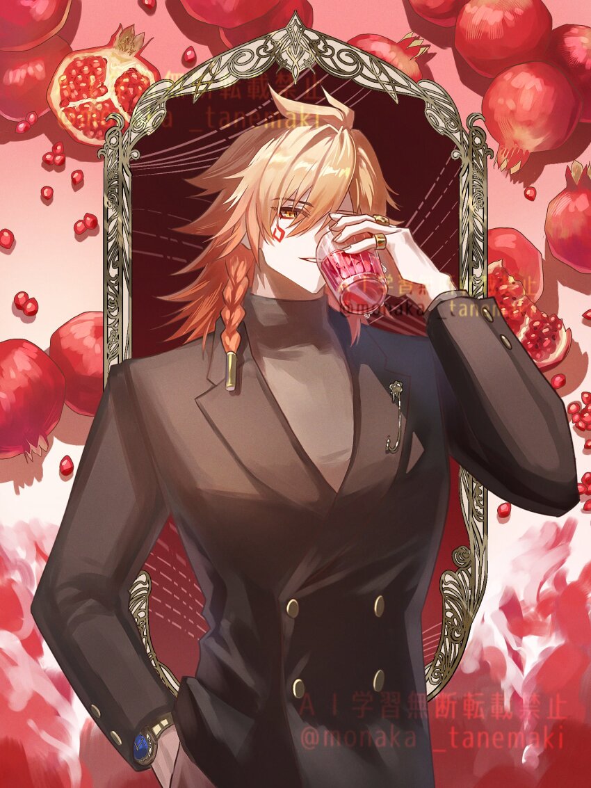 1boy black_suit buttons food formal_clothes fruit grin highres honkai:_star_rail honkai_(series) male_focus medium_hair messy mirror mydei_(honkai:_star_rail) orange_hair red_tattoo smile solo suit tanemaki_monaka teeth twitter_username watermark