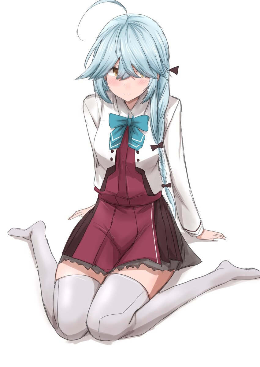 1girl absurdres ahoge aqua_bow aqua_bowtie black_ribbon blazer bow bowtie braid brown_eyes dress grey_hair grey_jacket grey_thighhighs hair_over_eyes halter_dress halterneck hamanami_(kancolle) hamanami_kai_ni_(kancolle) highres jacket kamaboko_senshi kantai_collection long_hair long_sleeves pleated_dress purple_dress ribbon simple_background single_braid sitting solo thighhighs wariza white_background