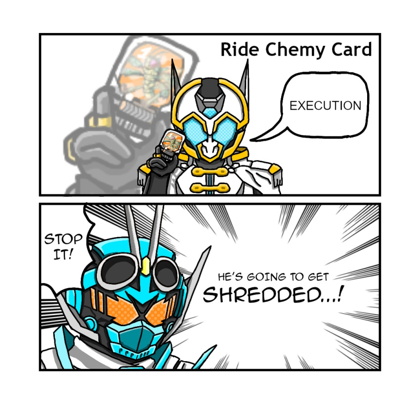 2koma action_lines alchemy arrow_(symbol) bug card chemy comic english_text grasshopper hopper1 ichinose_houtarou insect kamen_rider kamen_rider_den-o_(series) kamen_rider_gotchard kamen_rider_gotchard_(series) kamen_rider_outsiders kamen_rider_zein pixiv ride_chemy_card ritanka sakurai_yuuto_(kamen_rider_den-o) scared speech_bubble steampunk third-party_edit train translated vehicle zein_(kamen_rider)