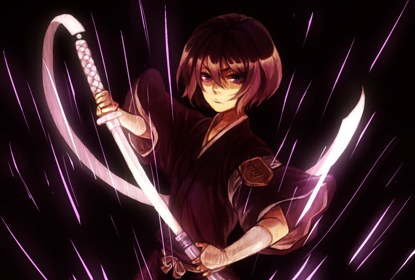 1girl armband black_eyes black_hair bleach bridal_gauntlets female_focus highres japanese_clothes katana kuchiki_rukia nadame_(ume645) purple_eyes scabbard sheath shikai short_hair sode_no_shirayuki solo spoilers sword weapon