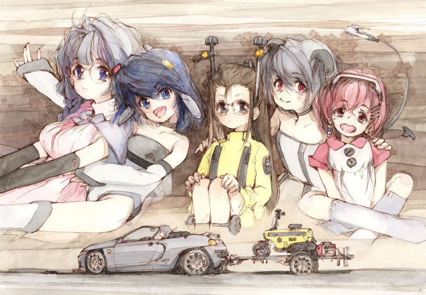 5girls beat_(hi_fumiyo) black_hair braid breasts car collarbone convertible flat_chest grey_hair grey_leotard handlebar hi_fumiyo highres honda honda_beat honda_motocompo jacket large_breasts leotard motoko_(hi_fumiyo) motor_vehicle multiple_girls open_mouth original personification red_eyes red_hair round_eyewear short_hair side_braid sitting smile sports_car towing traditional_media vehicle_and_personification wheel_hair_ornament yellow_jacket