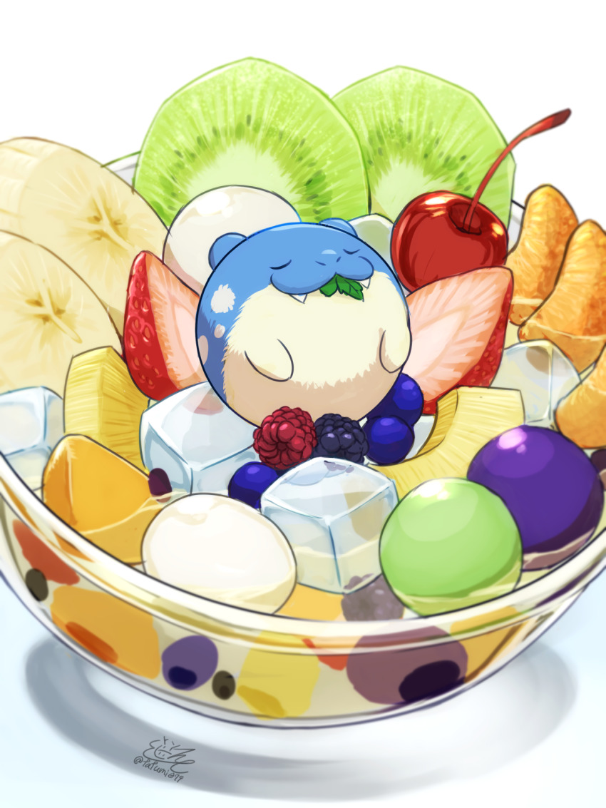 cherry closed_eyes closed_mouth commentary_request fangs food fruit gen_3_pokemon happy highres ice ice_cube kiwi_(fruit) kiwi_slice mouth_hold nintendo no_humans pokemon pokemon_(creature) solo spheal tatsumi_(panneko) water