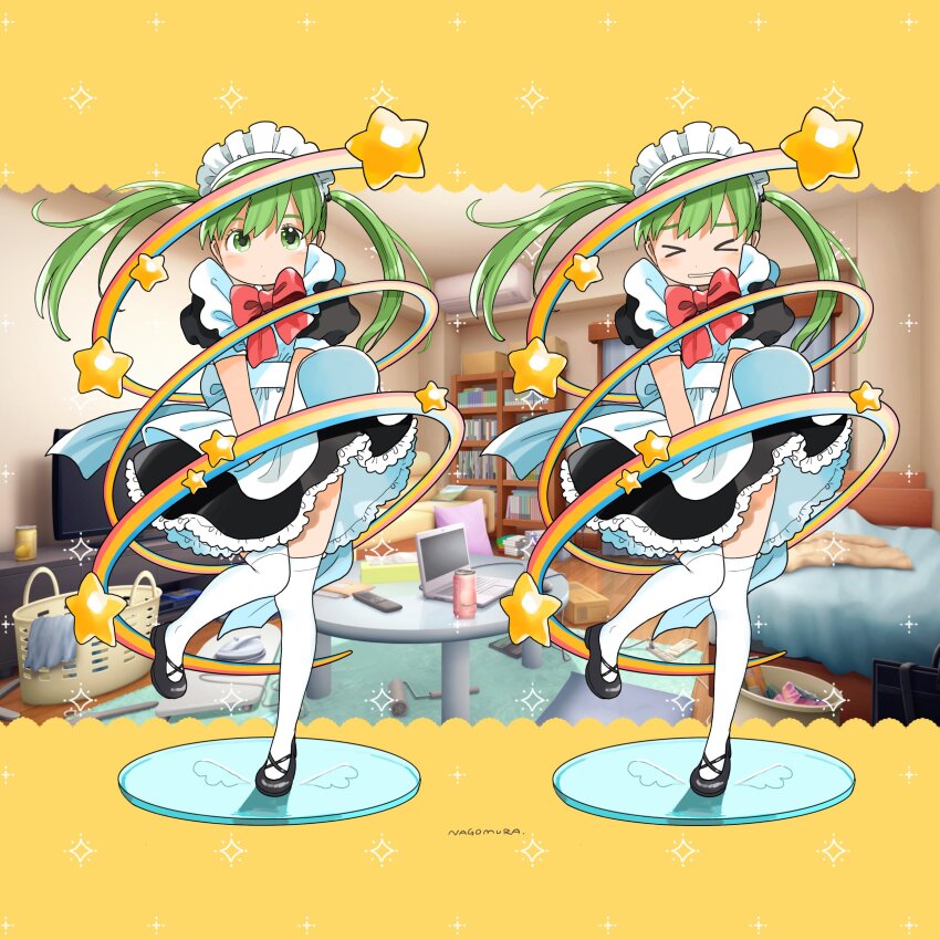 &gt;_&lt; 1girl 3d_background absurdres apron black_dress black_shoes bow bowtie closed_eyes closed_mouth dot_mouth dot_nose dress embarrassed figure figure_stand frown full_body green_eyes green_hair highres long_hair looking_at_viewer maid maid_apron maid_headdress mary_janes multiple_views nagomurasan open_mouth original rainbow red_bow red_bowtie shoes skirt skirt_tug solo standing standing_on_one_leg thighhighs twintails white_thighhighs