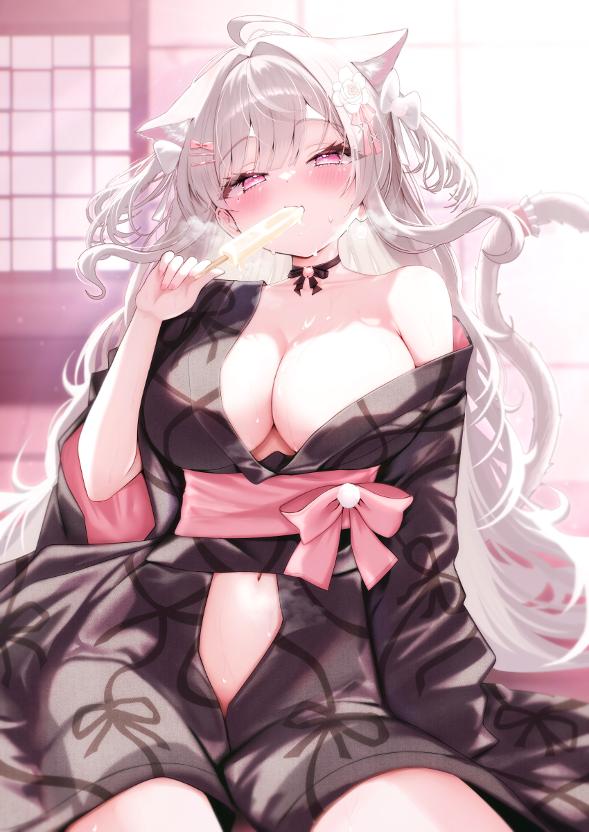 1girl absurdres ahoge animal_ears black_kimono blush bow breasts breath cat_ears cat_girl cat_tail cleavage commission flower food food_in_mouth grey_hair hair_bow hair_flower hair_ornament highres holding holding_food holding_popsicle indie_virtual_youtuber japanese_clothes kimono large_breasts long_hair pink_eyes popsicle skeb_commission solo sweatdrop tail two_side_up uise_iu virtual_youtuber white_bow white_flower yu_lei