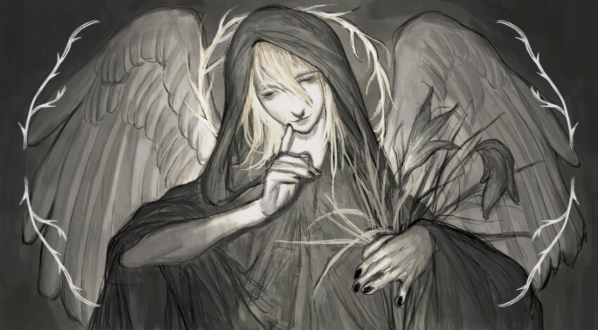 1girl absurdres angel_wings black_dress black_nails blonde_hair closed_eyes dress elden_ring fia_the_deathbed_companion finger_to_mouth glowing grey_background highres light_smile limited_palette pale_skin petite_ven plant_roots shushing solo wheat wings