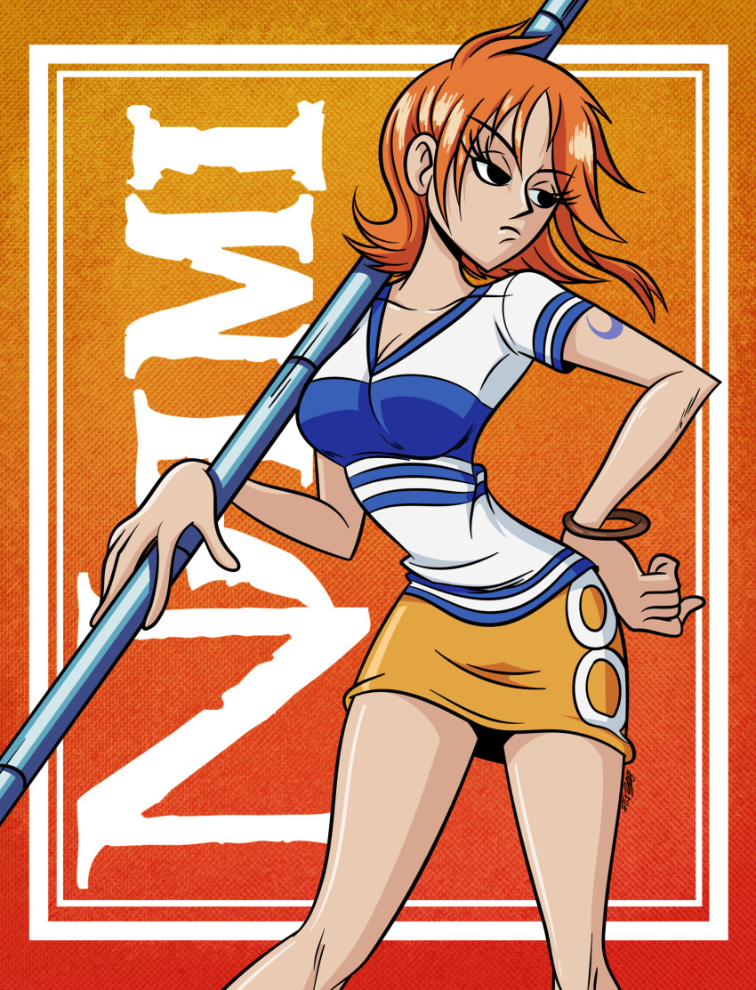 1girl absurdres arm_tattoo black_eyes bracelet character_name clima-tact commentary feet_out_of_frame frown highres holding holding_polearm holding_weapon jewelry medium_hair miniskirt nami_(one_piece) nami_(one_piece)_(east_blue) one_piece orange_background orange_hair orange_shirt polearm schoolyardloser shirt signature skirt solo striped_clothes striped_shirt tattoo v-neck weapon yellow_skirt