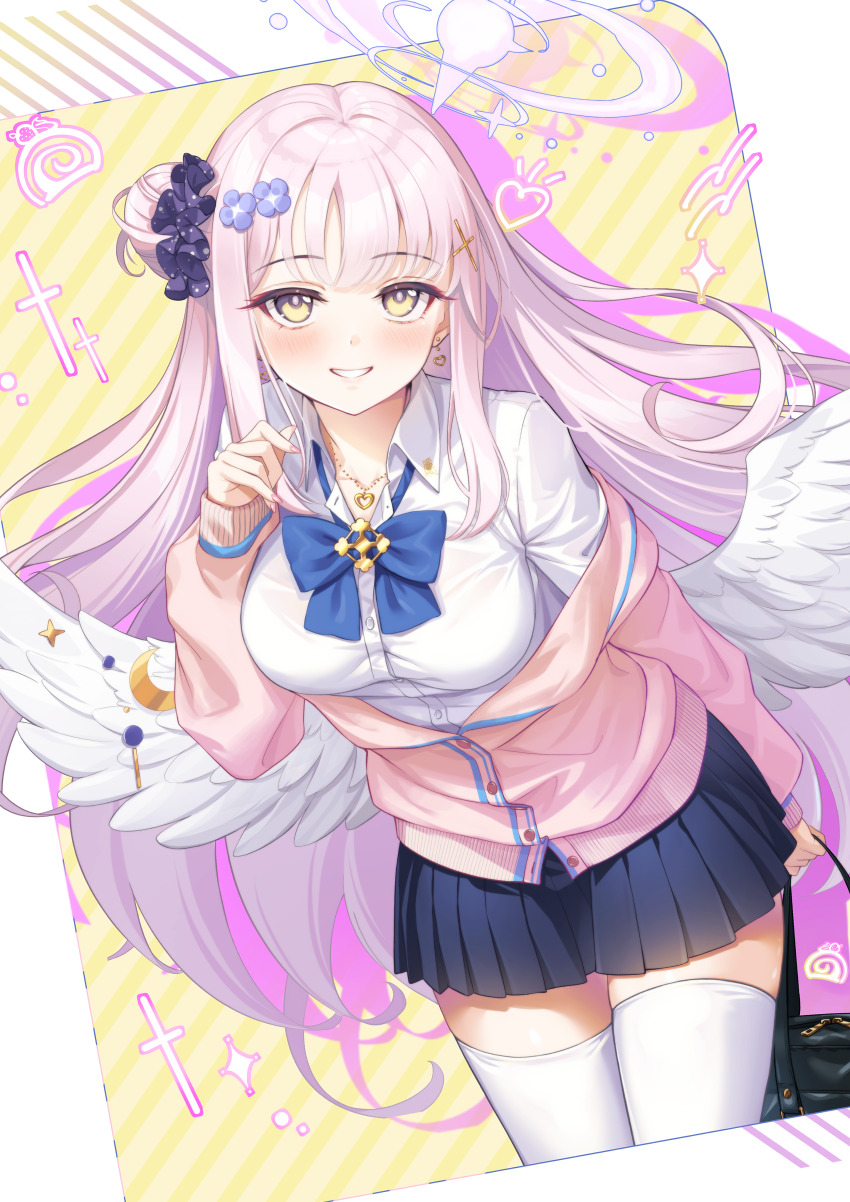 1girl absurdres angel_wings bag black_skirt blue_archive blue_bow blue_bowtie blush bow bowtie breasts buttons cardigan collarbone collared_shirt cowboy_shot crescent crescent_pin feathered_wings fingernails flower hair_bun hair_flower hair_ornament halo heart highres holding holding_bag large_breasts long_hair long_sleeves looking_at_viewer mika_(blue_archive) open_mouth pink_cardigan pink_hair pink_halo pleated_skirt purple_flower rice_rabbit22 shirt single_side_bun skirt smile solo thighhighs white_shirt white_thighhighs white_wings wings yellow_eyes
