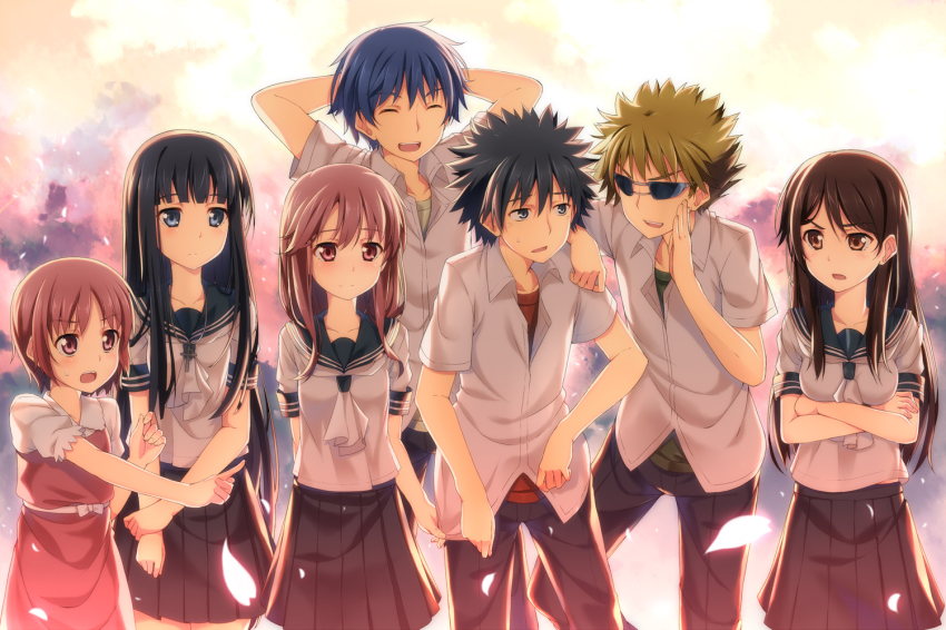 3boys 4girls aogami_pierce arms_behind_head black_hair blonde_hair blue_eyes blue_hair blush brown_eyes cherry_blossoms child closed_eyes clothes_grab clothes_pull crossed_arms dress_shirt fukiyose_seiri hand_on_another&#039;s_shoulder happy hime_cut himegami_aisa kamijou_touma laughing long_hair meigo_arisa multiple_boys multiple_girls open_mouth pants petals pink_eyes pink_hair pointing purple_eyes purple_hair school_uniform serafuku serious shirt short_hair skirt smile spiked_hair sunglasses sweat teacher teacher_and_student toaru_majutsu_no_index toaru_majutsu_no_index:_endymion_no_kiseki toaru_majutsu_no_index:_old_testament tsuchimikado_motoharu tsukuyomi_komoe whispering yuuri_nayuta