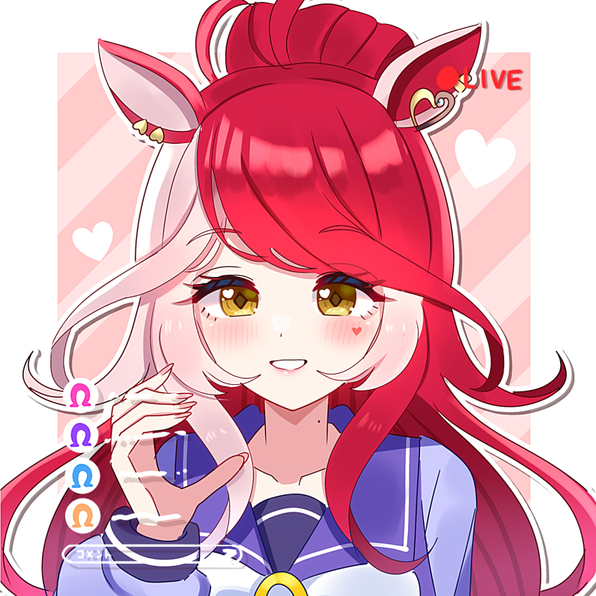 1girl animal_ears blush breasts collarbone commentary_request grin hair_between_eyes hair_ornament heart heart_hands highres horse_girl livestream long_hair looking_at_viewer loves_only_you_(umamusume) mole mole_under_eye red_hair shiroiro_obake simple_background smile solo umamusume yellow_eyes