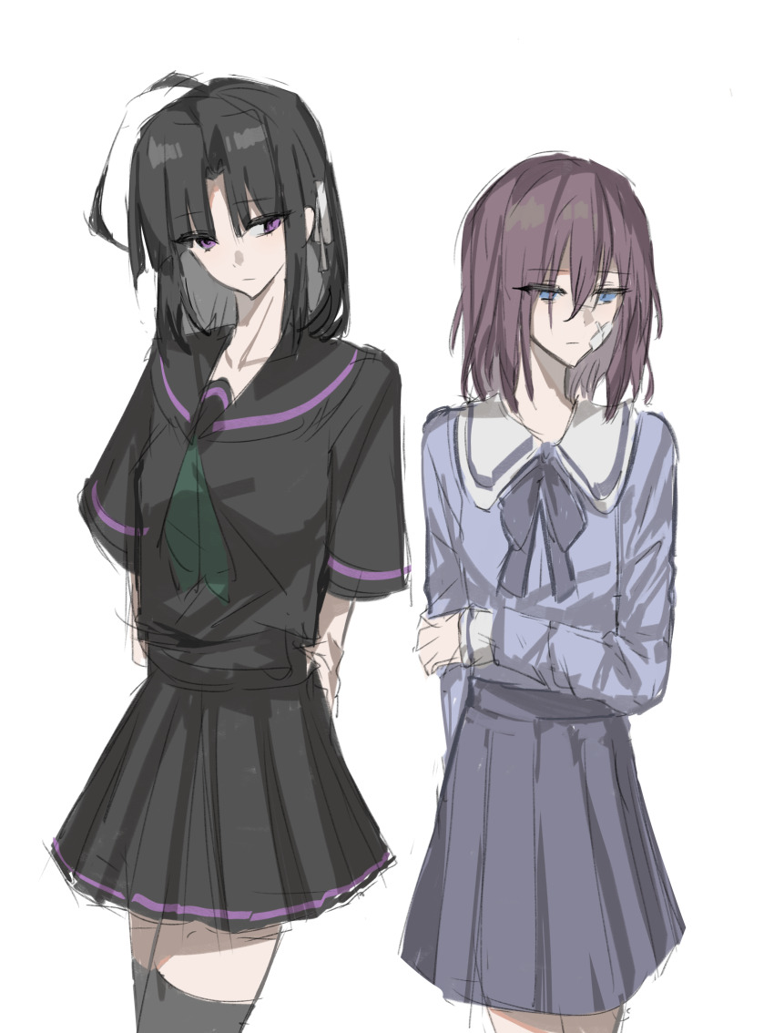 2girls absurdres awa_subaru bandage_on_face bandages black_hair black_sailor_collar black_serafuku black_shirt black_skirt black_thighhighs blue_shirt blush chinese_commentary closed_mouth commentary_request cowboy_shot girls_band_cry green_neckerchief grey_skirt highres iseri_nina long_hair medium_hair multiple_girls neckerchief pleated_skirt purple_eyes qiansefeihe red_hair sailor_collar school_uniform serafuku shirt short_sleeves simple_background skirt thighhighs white_background white_sailor_collar
