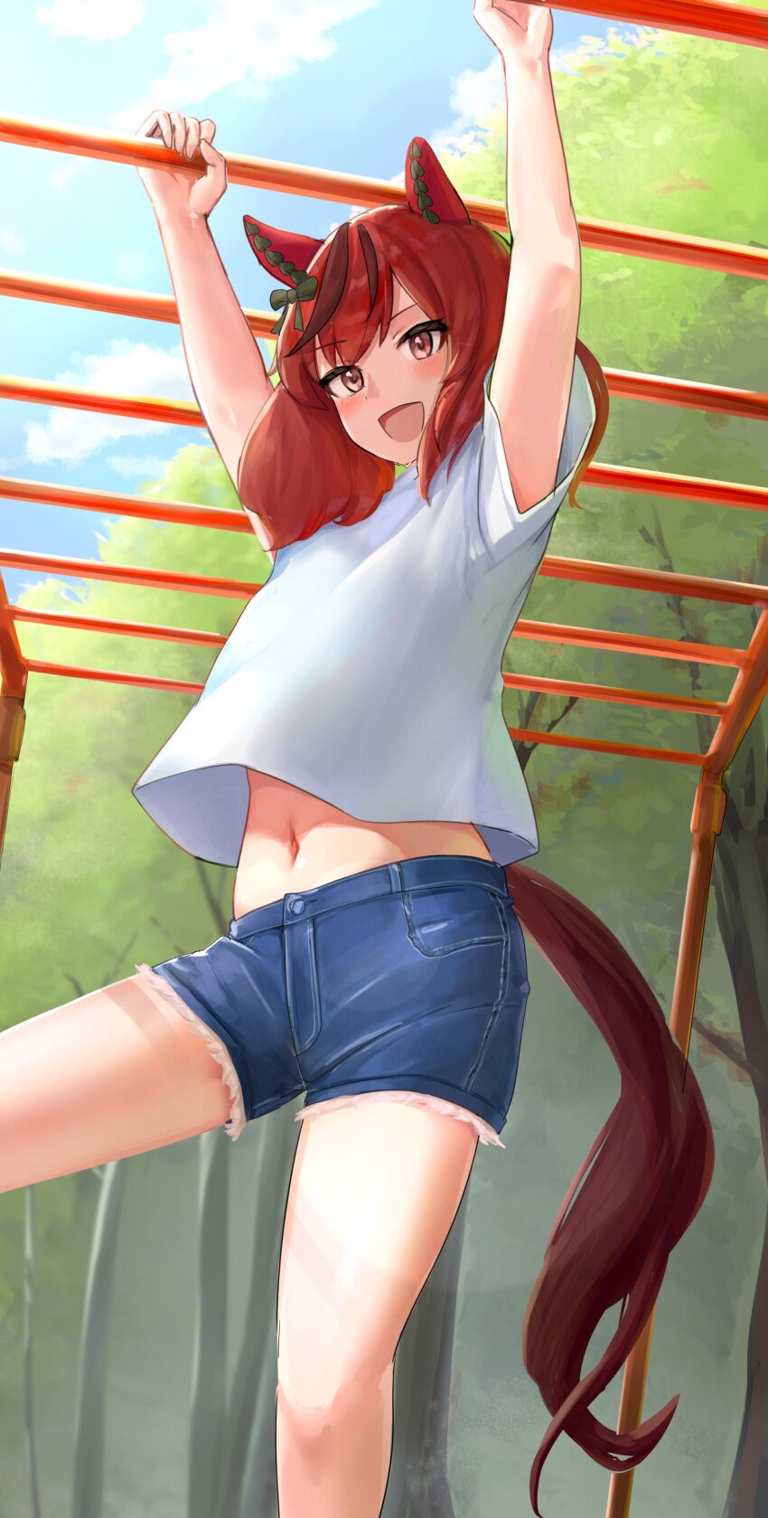 1girl absurdres animal_ears arms_up blue_sky blush bow brown_bow brown_eyes brown_streaks commentary_request cutoffs day denim denim_shorts feet_out_of_frame hair_bow hanging highres horse_ears horse_girl horse_tail medium_hair midriff_peek miyama_mizuki_(hoshihoshi1220) monkey_bars multicolored_hair navel nice_nature_(umamusume) open_mouth outdoors red_hair shirt short_shorts short_sleeves shorts sky smile solo streaked_hair sweatdrop tail tree umamusume white_shirt